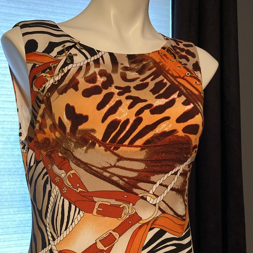 Caché chain lacing bodycon purse strap/animal print grommet dress size L - Picture 2 of 7